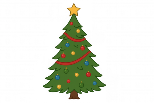 Christmas tree decorated with star topper, festive garland, and colorful bauble ornaments, celebrating winter holiday season