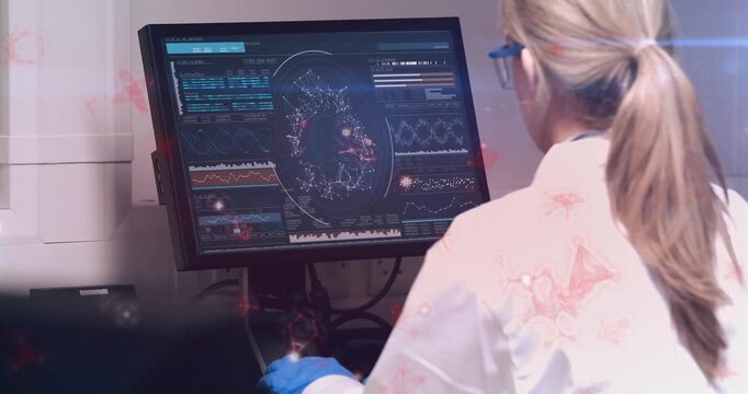 Researcher clicking mouse and examining clusters, rotating 3D network and updating charts