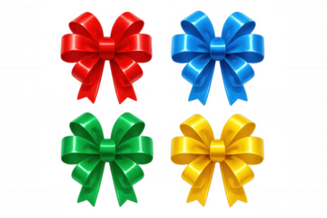 Collection of colorful shiny gift bows in red, blue, green, and gold, ready for holidays and celebrations