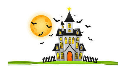 Spooky Haunted House at Halloween: A digitally illustrated scene captures the eerie essence of Halloween, with a haunted house as the central focus, complete with bats, a full moon.