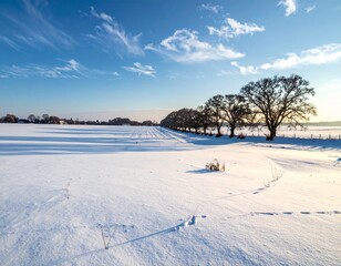 Winter landscape featuring a snow-covered field under a blue sky with scattered clouds, bordered by a row of trees along the horizon.