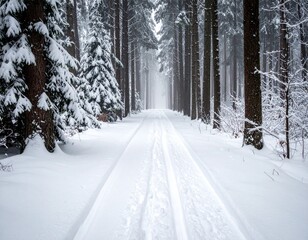 Obraz premium A snow-covered path leads through a dense forest of tall trees, creating a serene winter landscape.