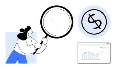 Female character holding magnifying glass explores money symbol and chart with growth trends. Ideal for business analytics, investment research, financial planning, strategy, economic study, market