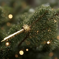 Gold ornament on a Christmas tree branch