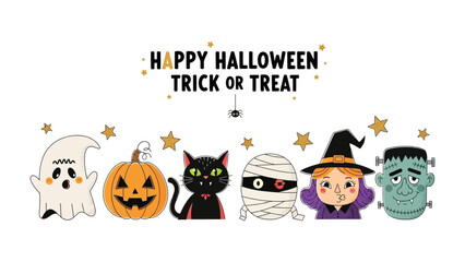 Spooky Halloween Gathering: A festive array of Halloween characters, including a playful ghost, grinning pumpkin, sleek black cat, wrapped mummy, young witch, and monstrous Frankenstein.