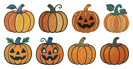 PNG Colorful illustrated pumpkins collection, element set on transparent background