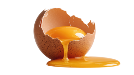 cracking brown egg revealing bright orange yolk on white background
