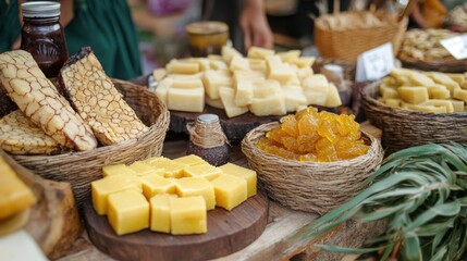 Fototapeta premium Artisan Cheese and Honey Delights at a Farmers Market