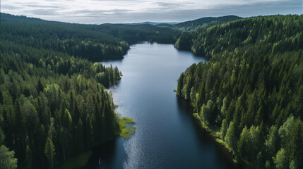 Obraz premium Scenic aerial view of forest and lake under clear sky