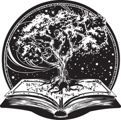 The Book of Wisdom: An artistic depiction of an open book bearing a detailed tree of life within it. This symbolic illustration evokes a sense of knowledge, growth.