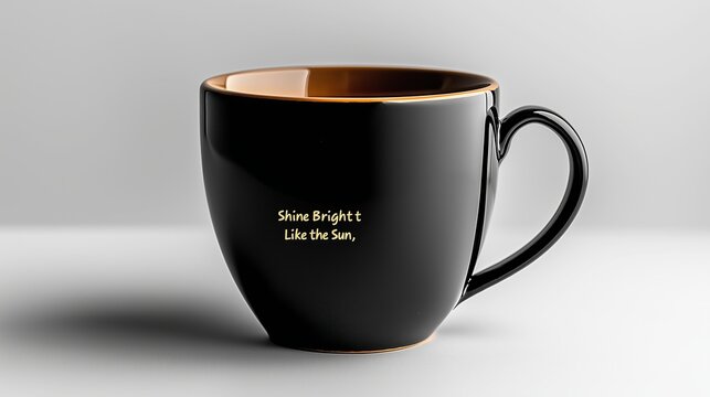 A stylish black mug with a golden rim features the uplifting quote shine bright like the sun in elegant golden lettering perfect for morning coffee or tea