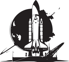 Spacecraft Silhouette: A striking monochrome illustration depicts a spacecraft poised on its launchpad, with the celestial sphere looming behind.