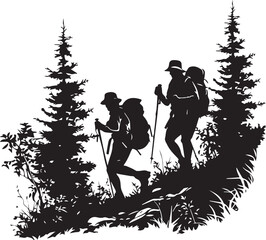 Hiking Adventure Silhouette: Silhouetted figures, equipped with backpacks and trekking poles, embark on a scenic hiking trail surrounded by towering trees.