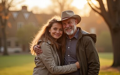Lovely adult daughter embracing senior father from beahid. High quality