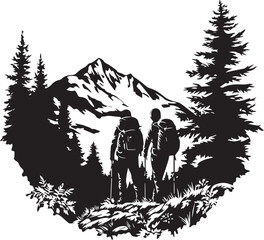 Embarking on the Scenic Trail: Silhouette of hikers, silhouetted against a backdrop of rugged mountains and lush forests, ready to overcome challenging landscapes with passion.