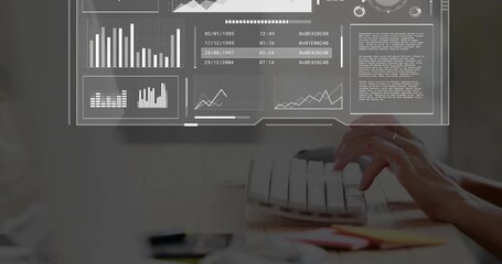 Hands typing on keyboard initiating HUD cycling graphs, globe, charts, dials visualizing analytics - Powered by Adobe