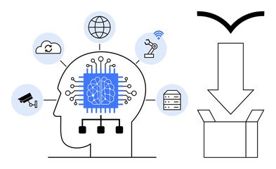 Human head with neural network chip surrounded by icons for cloud, surveillance, robotics, database, and global connectivity arrow pointing to box. Ideal for innovation, technology, automation, data