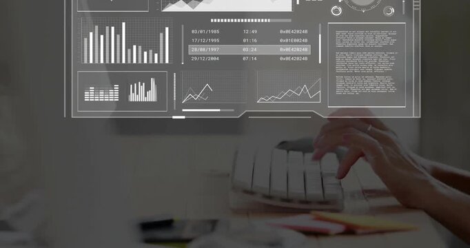 Hands typing on keyboard initiating HUD cycling graphs, globe, charts, dials visualizing analytics
