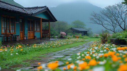 Serene Misty Landscape: A Quaint Traditional House (Dark Tile Roof & Turquoise Walls) with a Curved Stone Path Through a Colorful Flower Garden