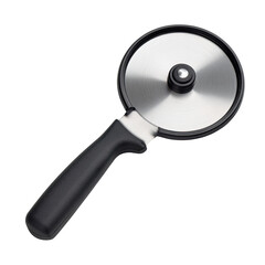 A stainless steel pizza cutter with a black handle