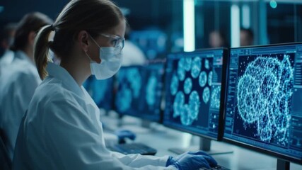Scientist laboratory computer analysis disease research AI healthcare technology mask working modern laboratory analyzing disease data computer screens, focused female scientist using AI powered - Powered by Adobe