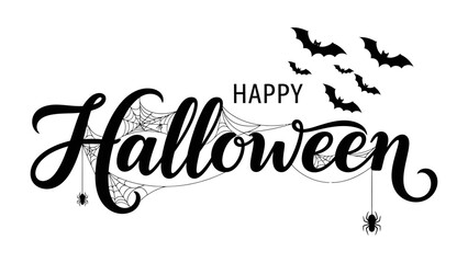 Happy Halloween Greetings: A classic spooky Happy Halloween greeting, a perfect design for greeting card for Halloween party or event. featuring with a spooky spider web and bats.