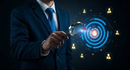 Businessman using a futuristic interface to target specific individuals in a digital network with glowing icons representing people