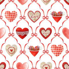 Valentine Day mood seamless pattern decoration element. Hand drawn red hearts vintage style watercolor illustration. Perfect for romantic designs, holiday decor, and gift wrapping projects