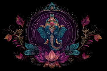 Fototapeta premium A majestic elephant wearing a crown on its head, standing gracefully in a vibrant mandala background. This image captures the beauty and elegance of the elephant symbolizing strength and royalty.