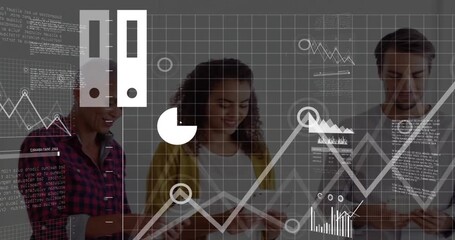 Colleagues tapping tablets unlocking cloud icon, animating bar pie org charts uniting business data - Powered by Adobe