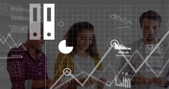 Colleagues tapping tablets unlocking cloud icon, animating bar pie org charts uniting business data