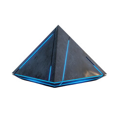 A stylized,  angular pyramid,  gray-toned with  glowing blue lines
