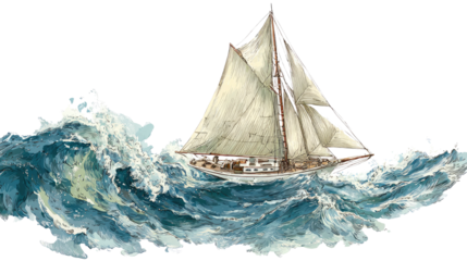 hand drawn vintage sailboat braving the waves on white background