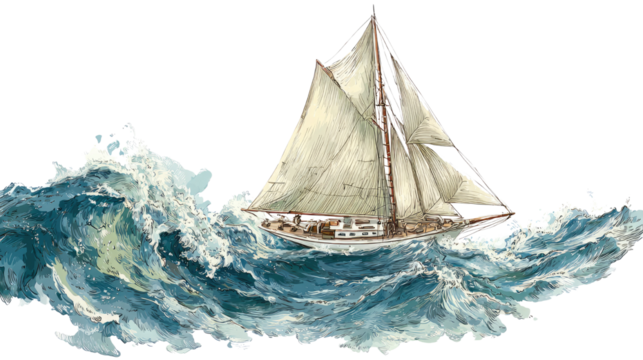 hand drawn vintage sailboat braving the waves on white background