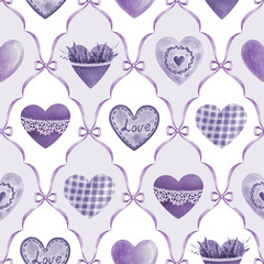 Valentine Day seamless pattern tile order design in lavender color. Hand drawn heart elements vintage style watercolor illustration. Perfect for romantic designs, holiday decor, gift wrapping paper