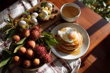 Fototapeta premium Delicious breakfast spread with pancakes, eggs, fruit and coffee