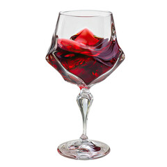 A stemmed wine glass, filled with red wine.  Its facets and shape are sculpted, creating a modern aesthetic.  Elegant stem and base