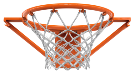 orange basketball hoop with white net hanging on white background