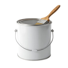 A white paint can with a paintbrush.  The can is open-topped, and a light-colored wooden-handled paintbrush sits inside, resting against the inside edge of the top.  The can has metal handles
