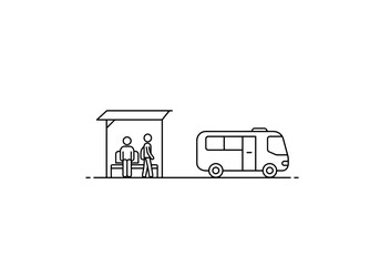 Illustration of two people waiting at a bus stop beside a camper van  
