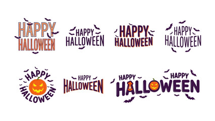 Halloween Text Collection: A vibrant selection of Happy Halloween text designs, each adorned with spooky bats and pumpkins. Showcasing a festive and spooky atmosphere.