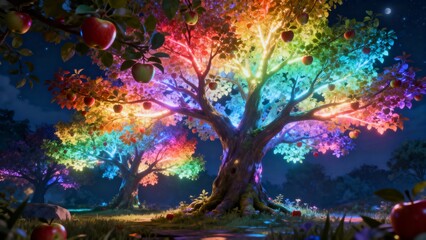Red Apples Hanging from Trees with Magical Lights