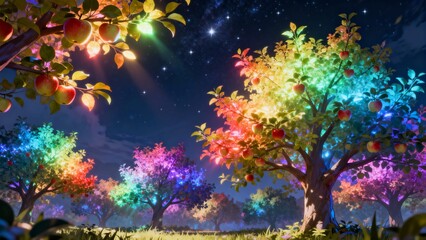 Starry Night Over an Orchard of Glowing Apple Trees