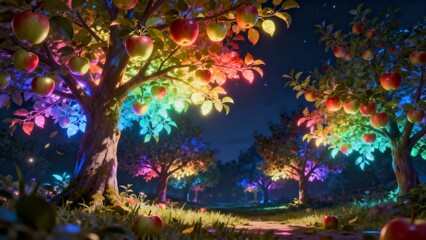 Colorful Apple Grove with Vibrant Lights and Red Apples