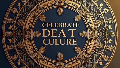 Gold ornate circle on navy background, featuring the words "Celebrate Dead Culture" in a centered, bold font.  Detailed gold filigree leaf and floral patterns surround the text