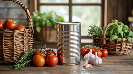 Silver tin can with fresh tomatoes garlic and herbs