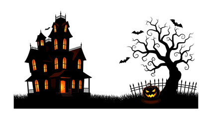 Spooky Halloween Scene: A chilling Halloween scene features a spooky haunted house silhouette illuminated by eerie glow.