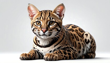 A spotted feline lies on a neutral background