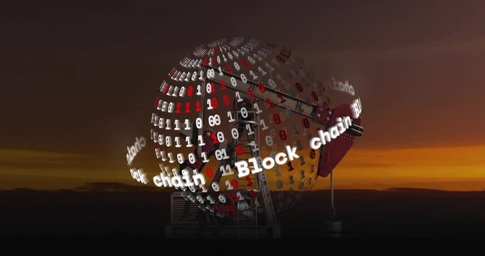Pumpjack arm pumping data from rotating globe after attachment, camera orbiting for blockchain demo
