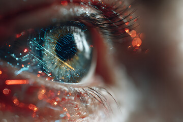 close-up of a human eye with futuristic digital elements overlaying it. cyberpunk aesthetic, featuring face glowing blue and red data streams, symbolizing AI and technology.
